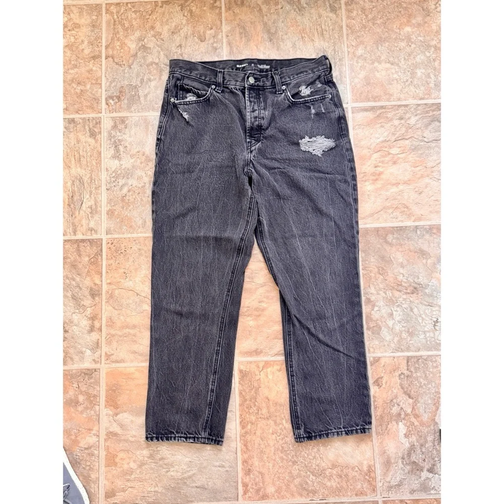 Old Navy High Rise Black Mom Jeans Womens 12 Tall Distressed Straight Leg